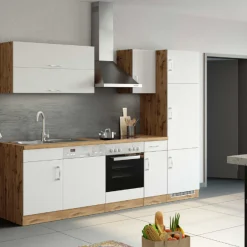 Küchenzeile Sorrella 270cm mit Backofen, Geschirrspüler und Kühlschrank - weiß/Eiche