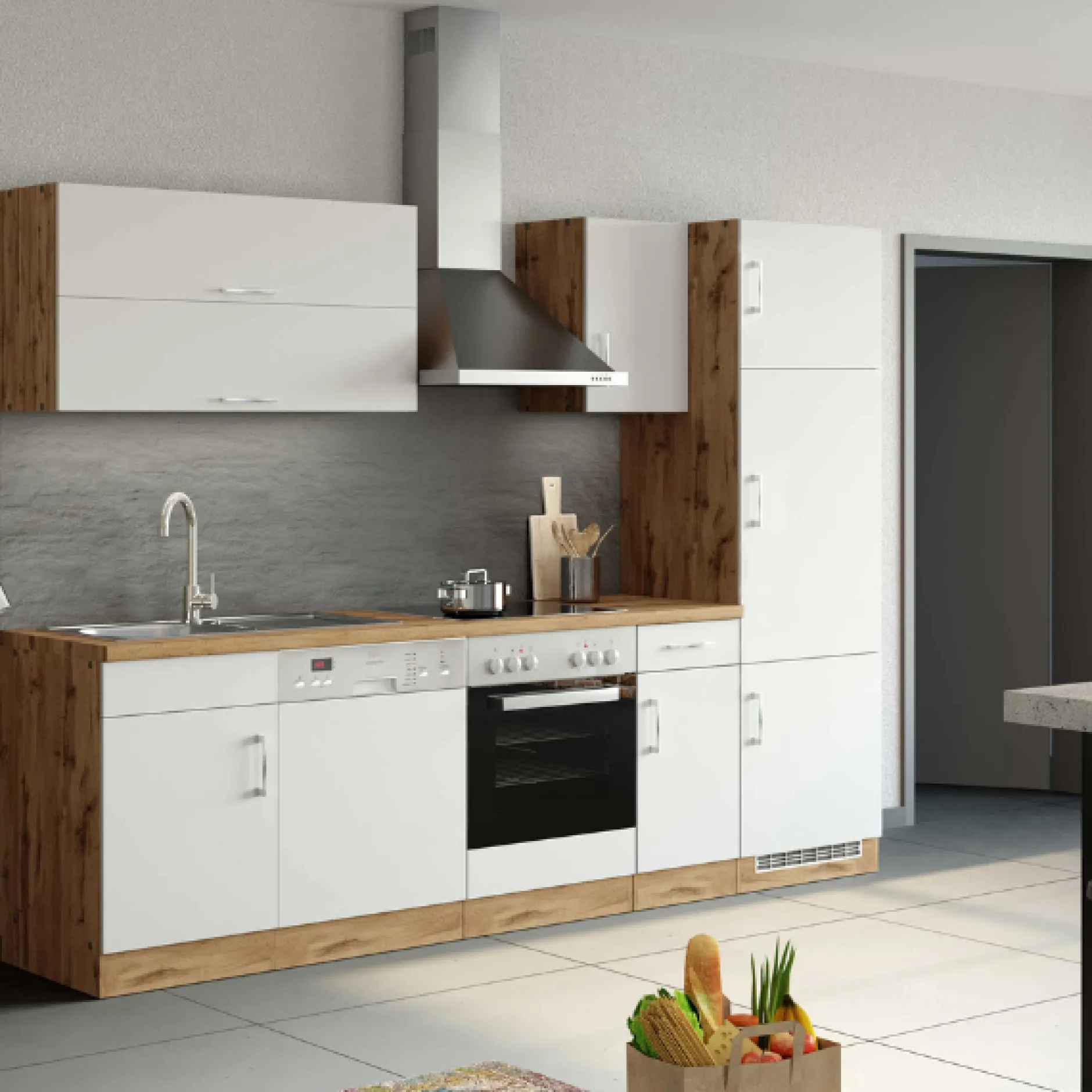Küchenzeile Sorrella 270cm mit Backofen, Geschirrspüler und Kühlschrank - weiß/Eiche