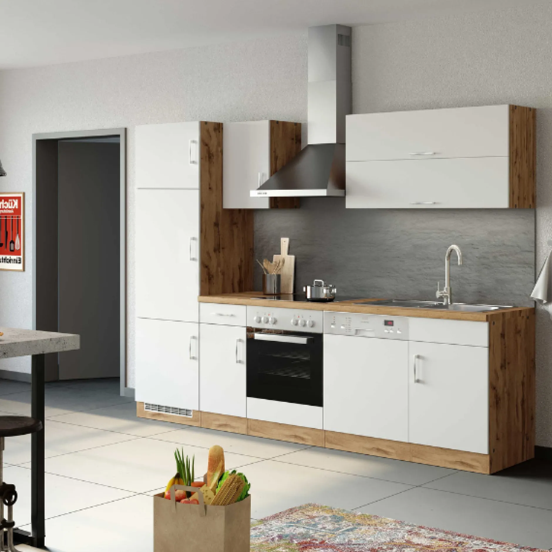 Küchenzeile Sorrella 270cm mit Backofen, Geschirrspüler und Kühlschrank - weiß/Eiche