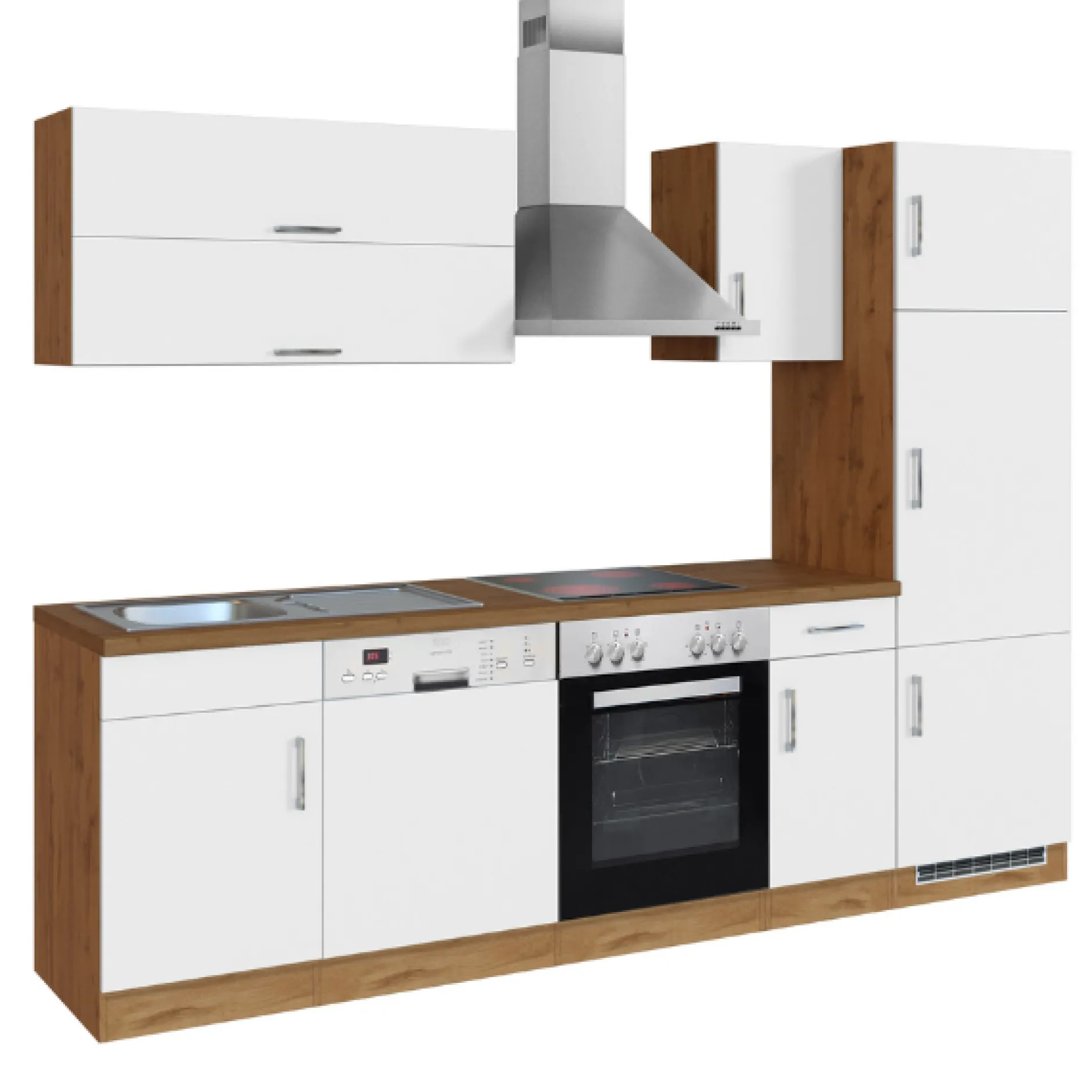 Küchenzeile Sorrella 270cm mit Backofen, Geschirrspüler und Kühlschrank - weiß/Eiche