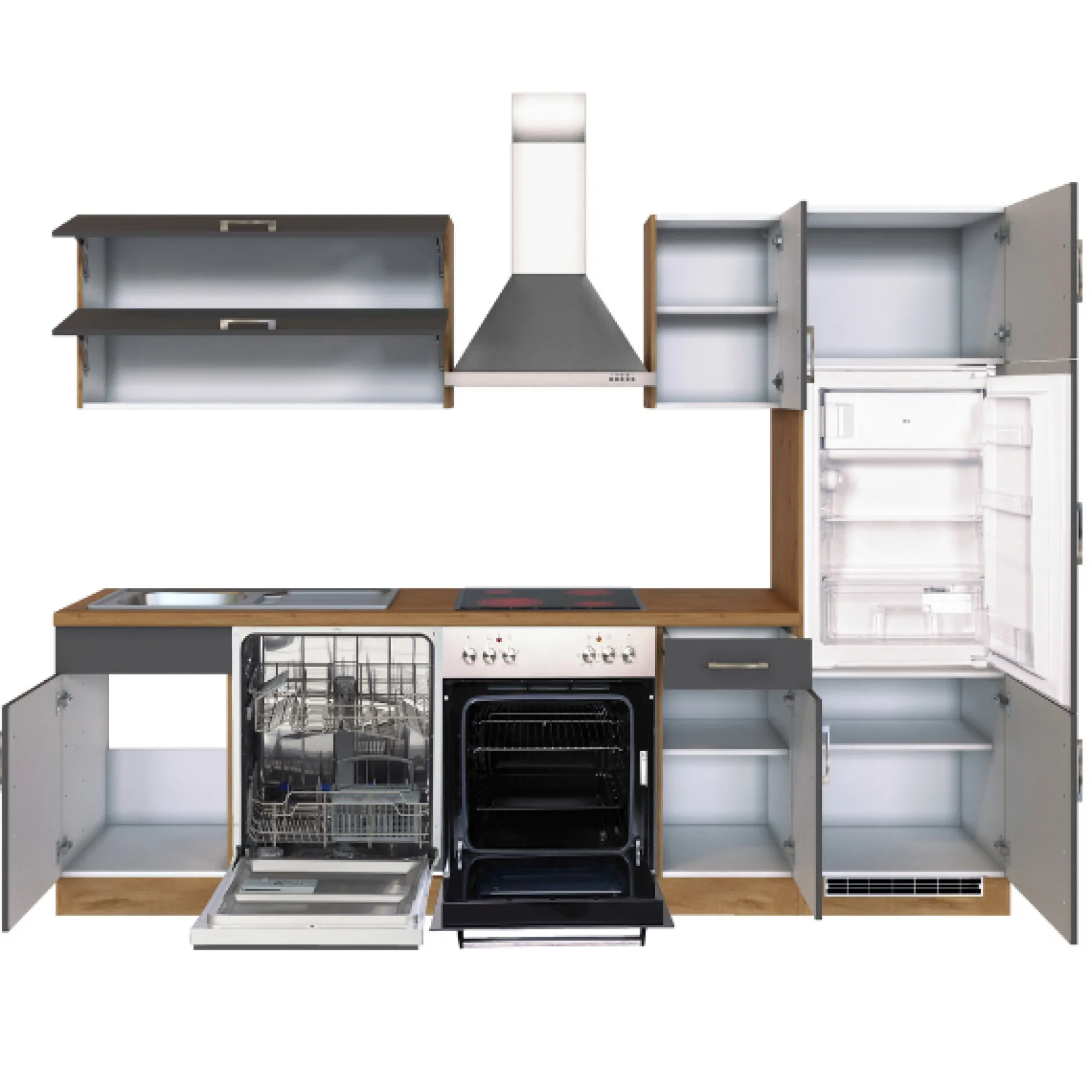 Küchenzeile Sorrella 270cm mit Backofen, Geschirrspüler und Kühlschrank - anthrazit/ocker