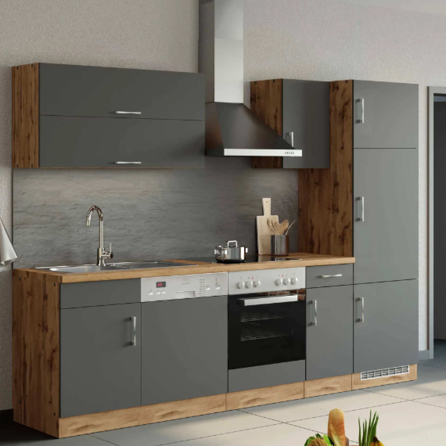 Küchenzeile Sorrella 270cm mit Backofen, Geschirrspüler und Kühlschrank - anthrazit/ocker