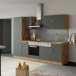 Küchenzeile Sorrella 270cm mit Backofen, Geschirrspüler und Kühlschrank - anthrazit/ocker