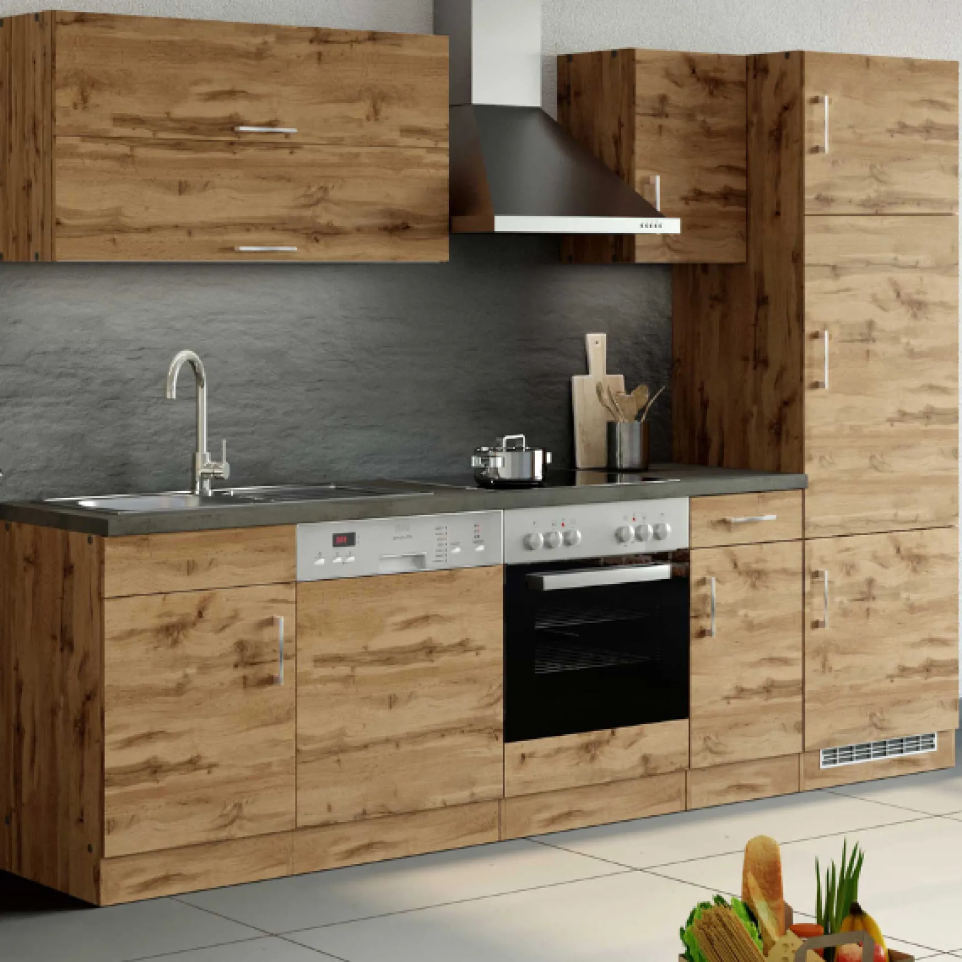Küchenzeile Sorrella 270cm mit Backofen, Geschirrspüler und Kühlschrank - Eiche