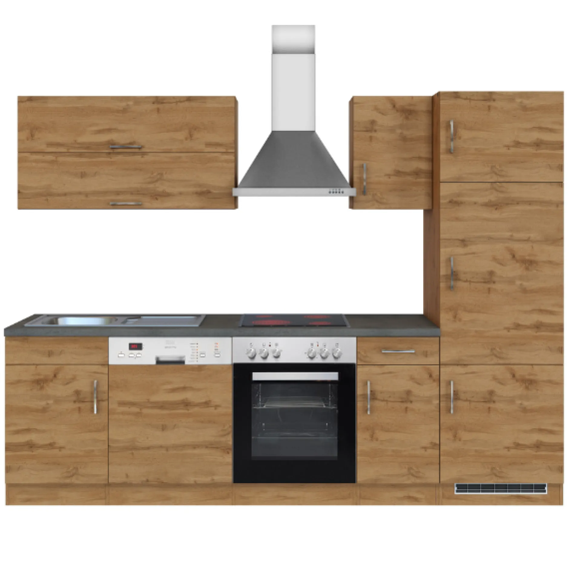 Küchenzeile Sorrella 270cm mit Backofen, Geschirrspüler und Kühlschrank - Eiche