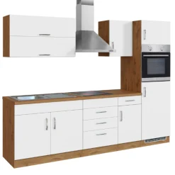 Küchenzeile Sorrella 270cm mit Backofen und Kühlschrank - weiß/Eiche