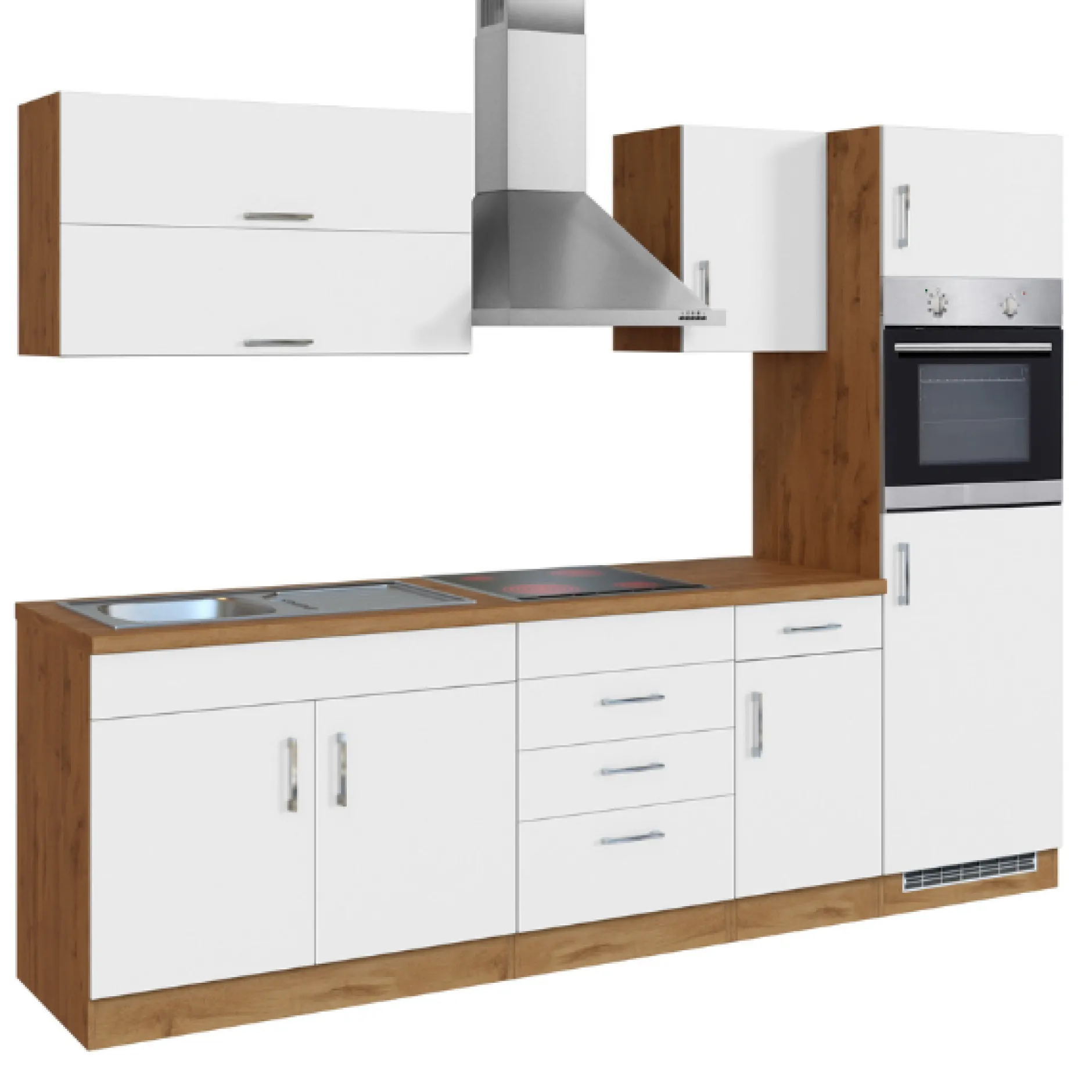 Küchenzeile Sorrella 270cm mit Backofen und Kühlschrank - weiß/Eiche