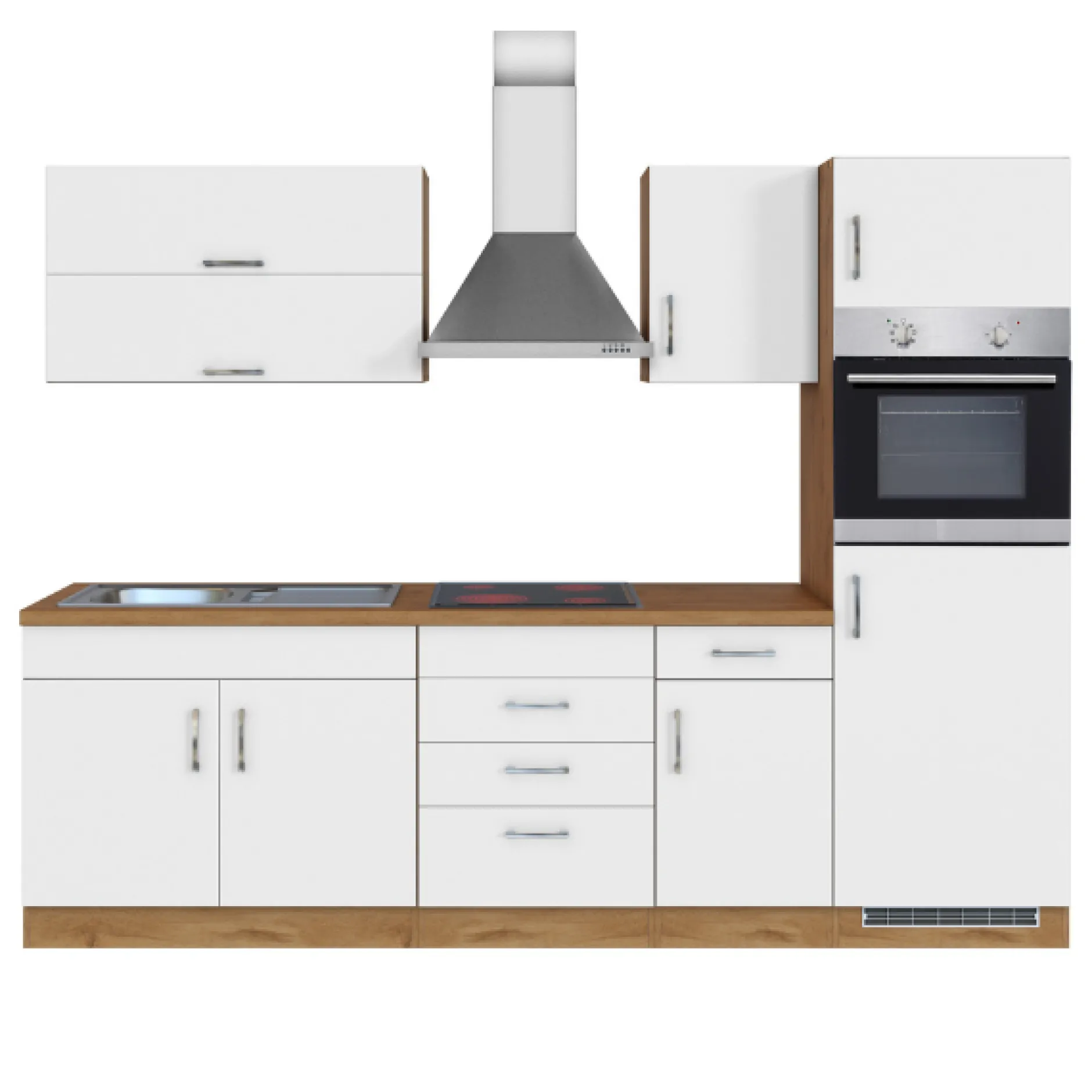 Küchenzeile Sorrella 270cm mit Backofen und Kühlschrank - weiß/Eiche