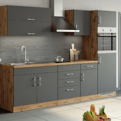 Küchenzeile Sorrella 270cm mit Backofen und Kühlschrank - anthrazit/ocker