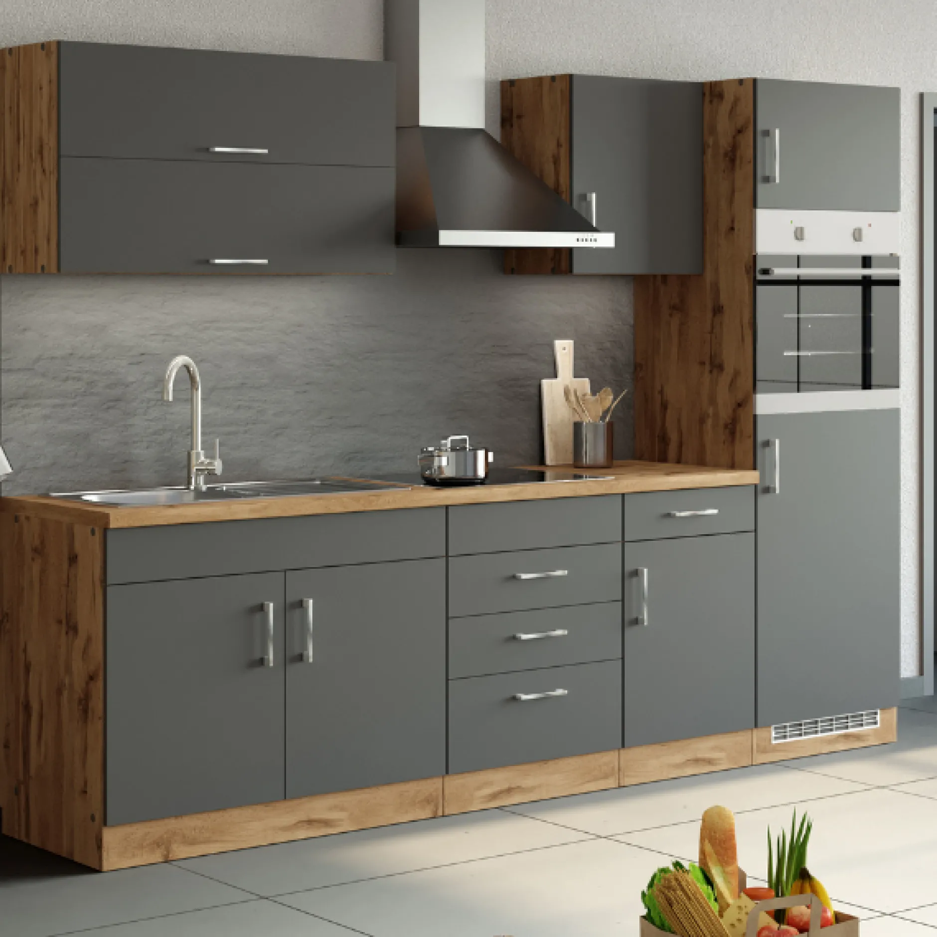Küchenzeile Sorrella 270cm mit Backofen und Kühlschrank - anthrazit/ocker