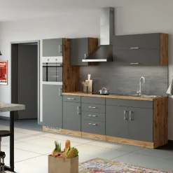 Küchenzeile Sorrella 270cm mit Backofen und Kühlschrank - anthrazit/ocker