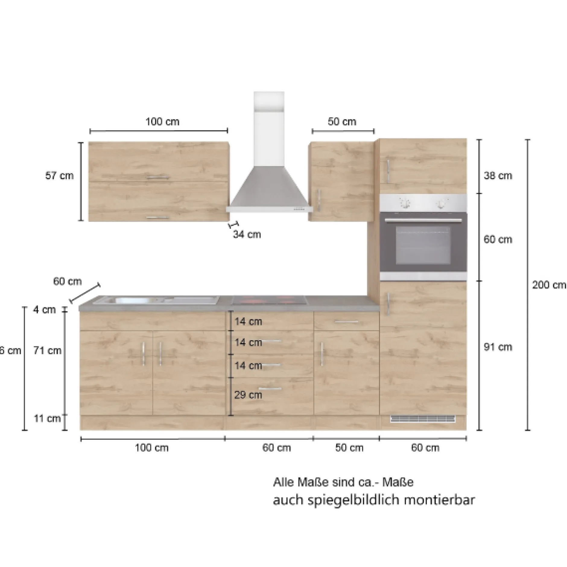 Küchenzeile Sorrella 270cm mit Backofen und Kühlschrank - Eiche