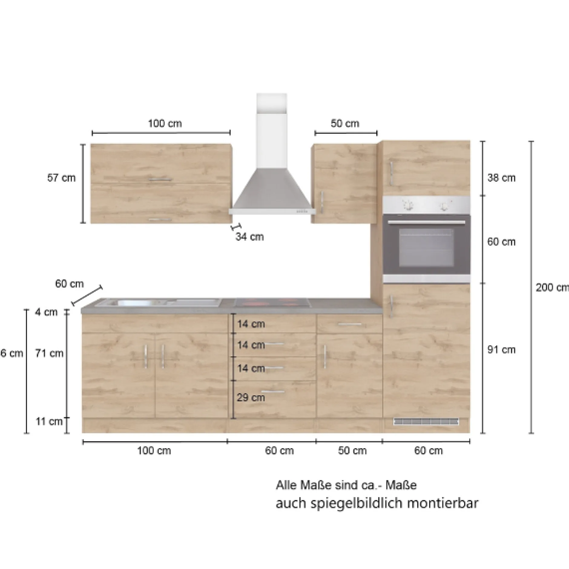 Küchenzeile Sorrella 270cm mit Backofen und Kühlschrank - Eiche/Graphit