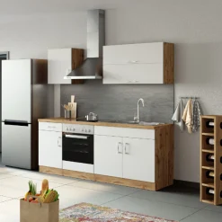 Küchenzeile Sorrella 210cm mit eingebautem Backofen - weiß/Eiche