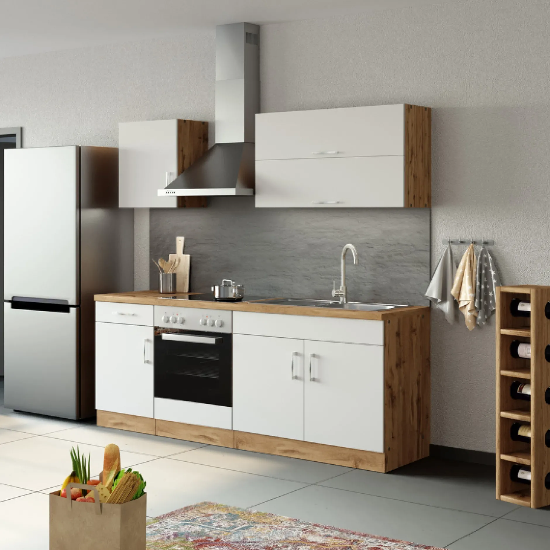 Küchenzeile Sorrella 210cm mit eingebautem Backofen - weiß/Eiche