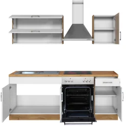 Küchenzeile Sorrella 210cm mit eingebautem Backofen - weiß/Eiche