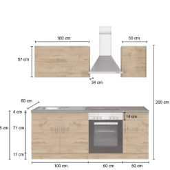 Küchenzeile Sorrella 210cm mit eingebautem Backofen - weiß/Eiche