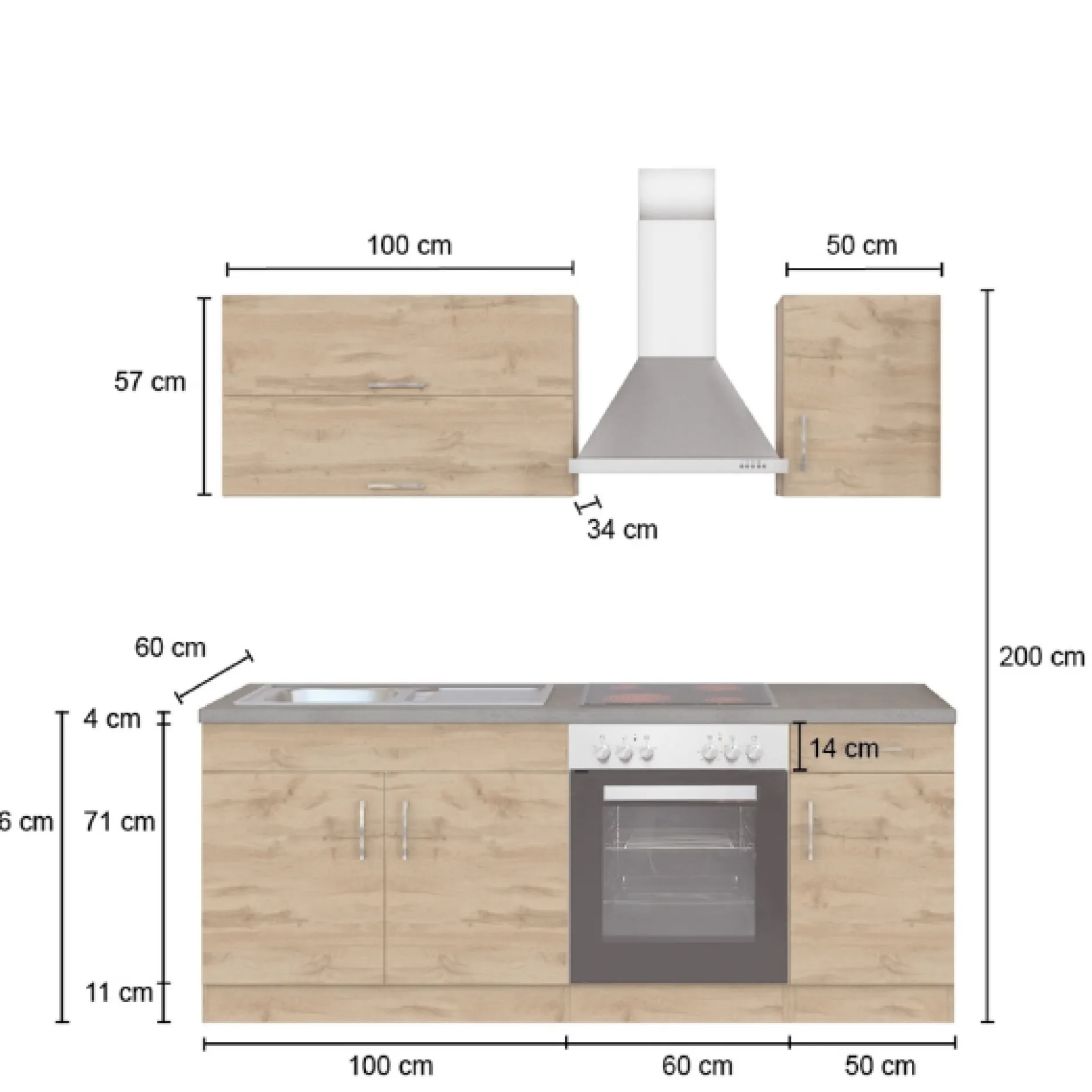 Küchenzeile Sorrella 210cm mit eingebautem Backofen - anthrazit/ocker