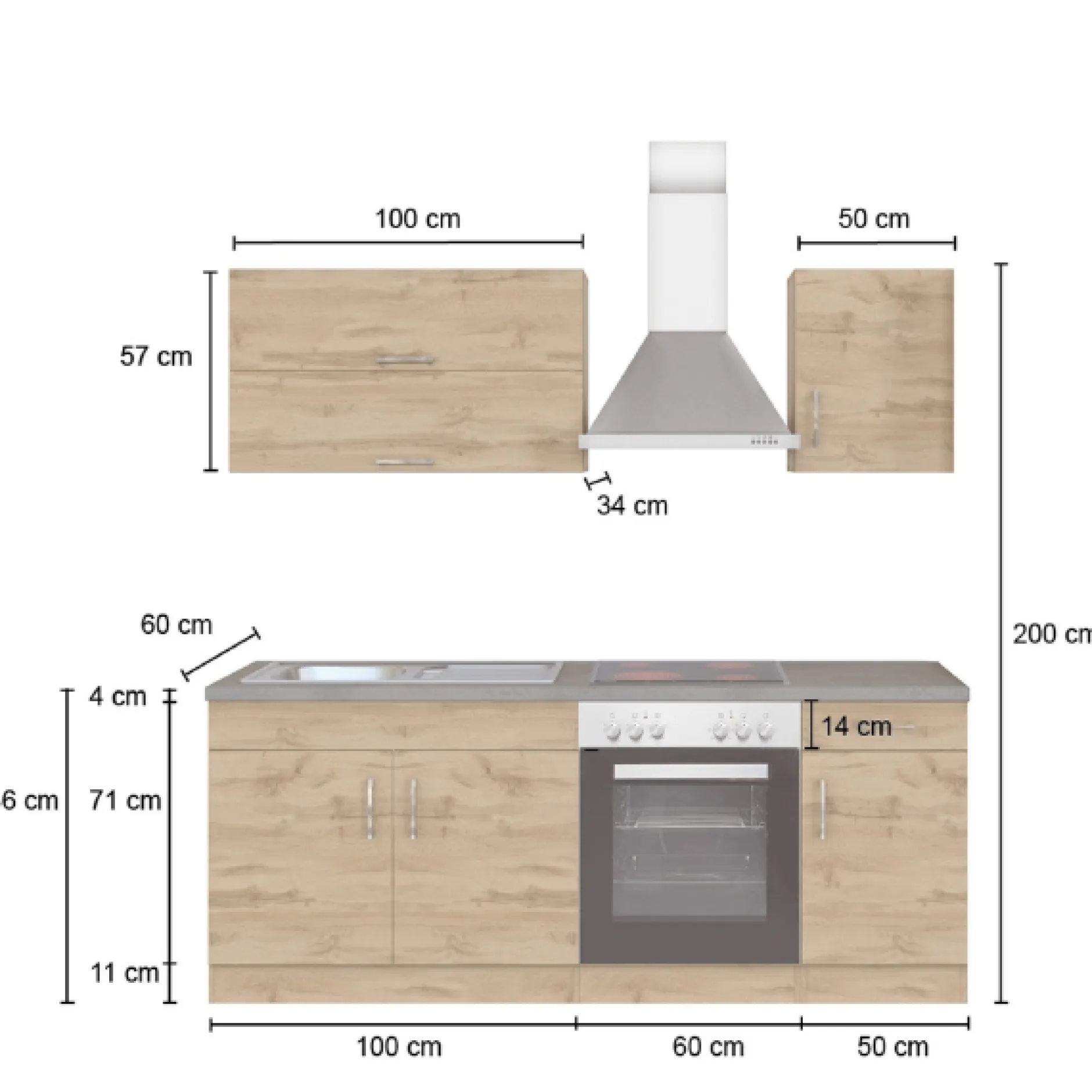Küchenzeile Sorrella 210cm mit eingebautem Backofen - Eiche