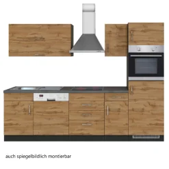 Küchenzeile Sorrella 270cm mit Geschirrspüler, Backofen und Kühlschrank - Eiche/Graphit