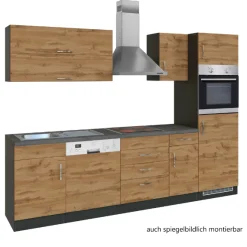 Küchenzeile Sorrella 270cm mit Geschirrspüler, Backofen und Kühlschrank - Eiche/Graphit