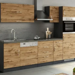 Küchenzeile Sorrella 270cm mit Geschirrspüler, Backofen und Kühlschrank - Eiche/Graphit