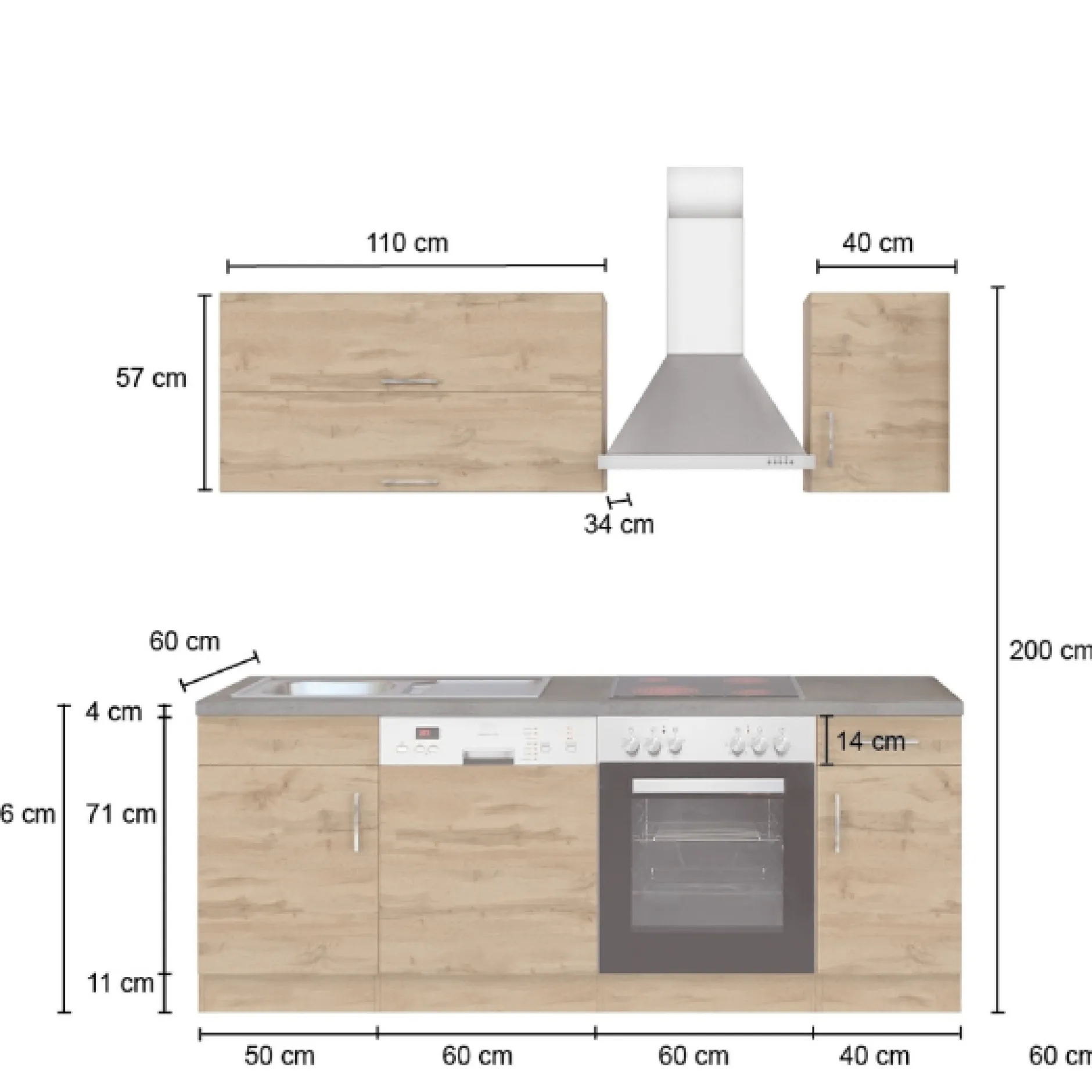 Küchenzeile Sorrella 210cm mit Geschirrspüler und Backofen - Eiche