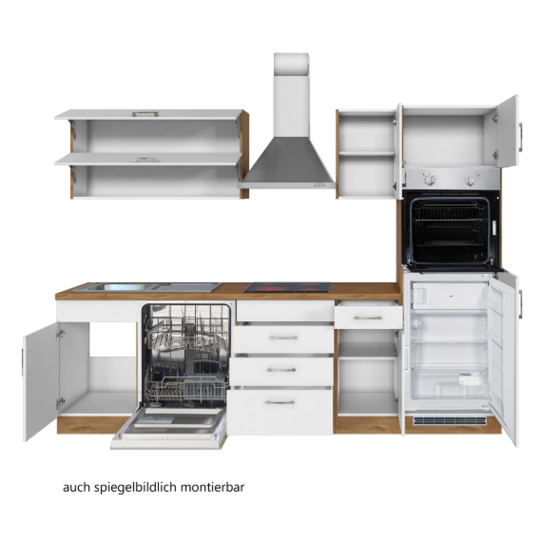 Küchenzeile Sorrella 270cm mit Geschirrspüler, Backofen und Kühlschrank - weiß/Eiche