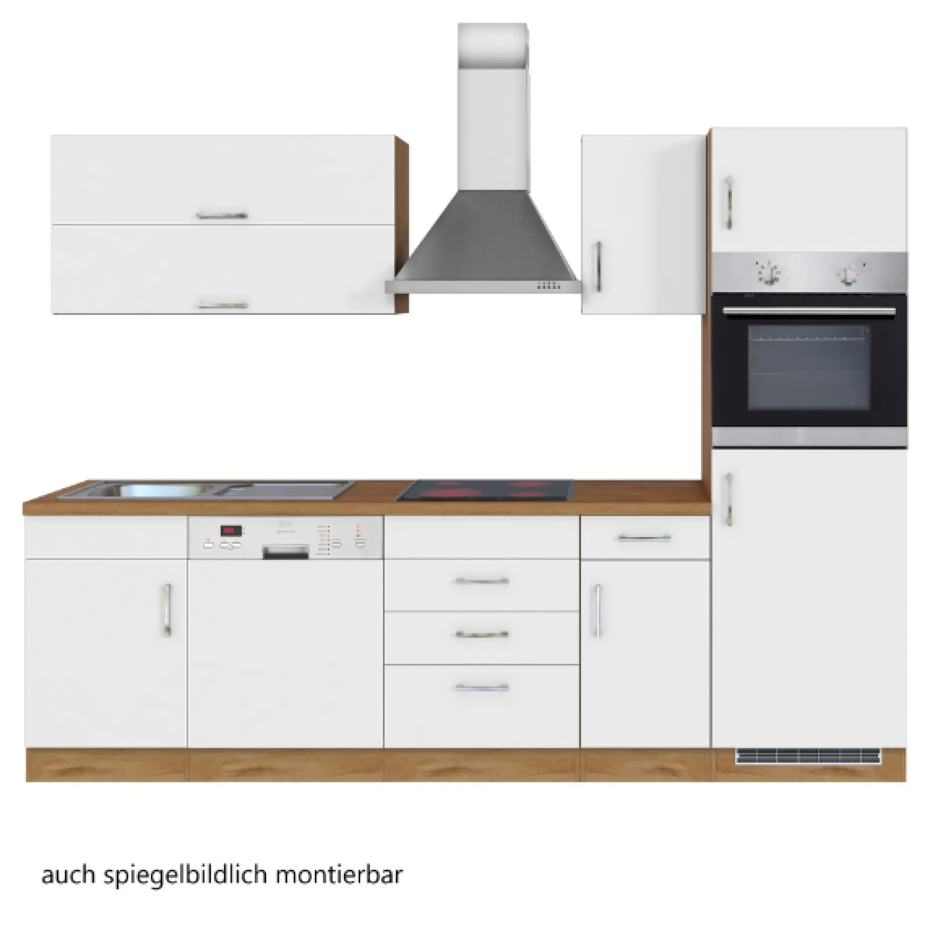 Küchenzeile Sorrella 270cm mit Geschirrspüler, Backofen und Kühlschrank - weiß/Eiche