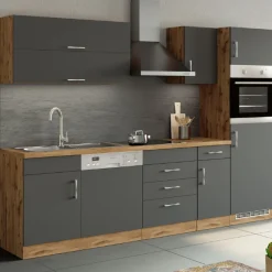 Küchenzeile Sorrella 270cm mit Geschirrspüler, Backofen und Kühlschrank - anthrazit/ocker
