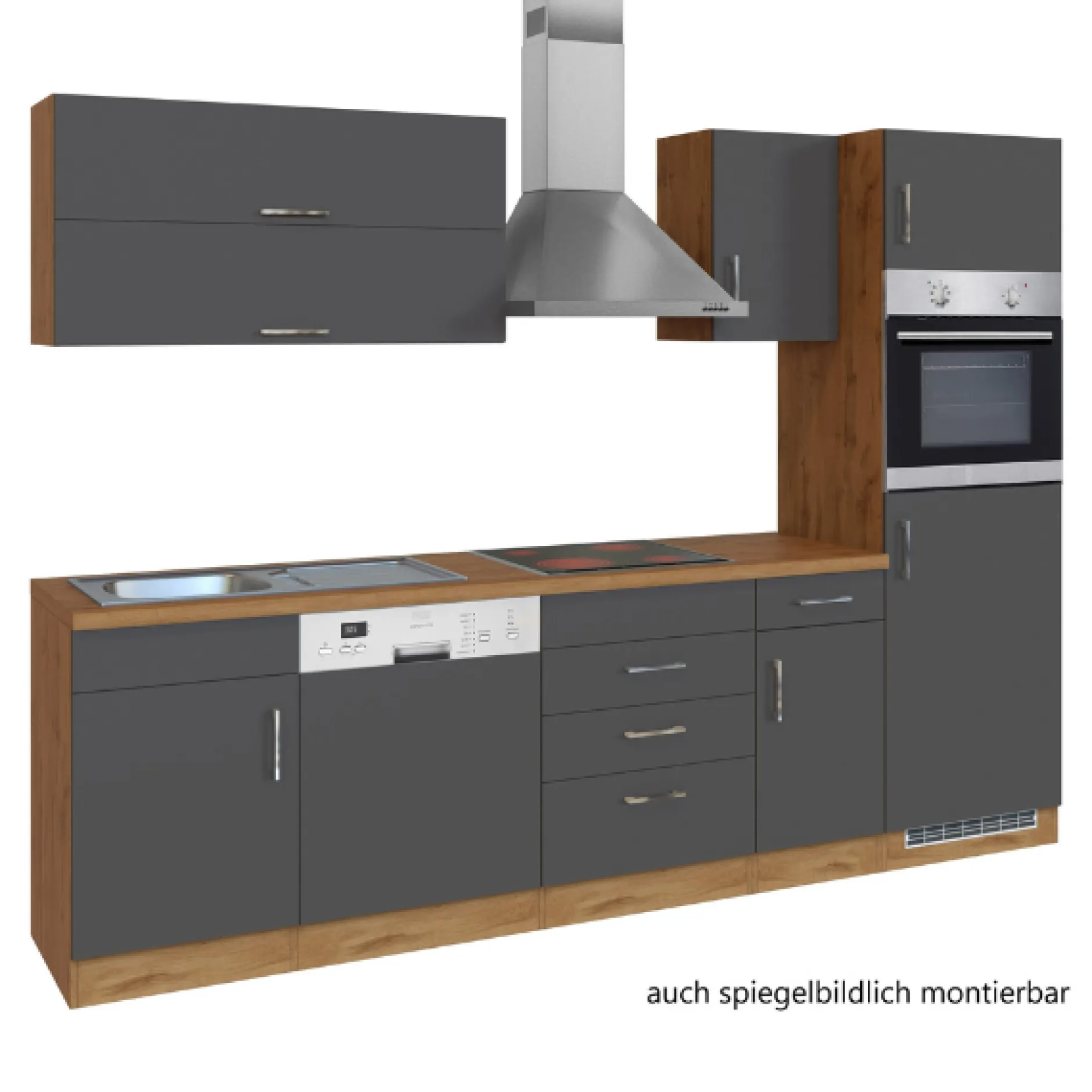 Küchenzeile Sorrella 270cm mit Geschirrspüler, Backofen und Kühlschrank - anthrazit/ocker