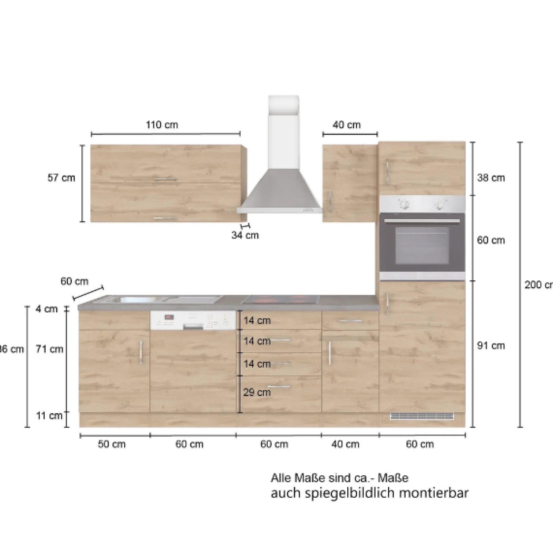 Küchenzeile Sorrella 270cm mit Geschirrspüler, Backofen und Kühlschrank - anthrazit/ocker