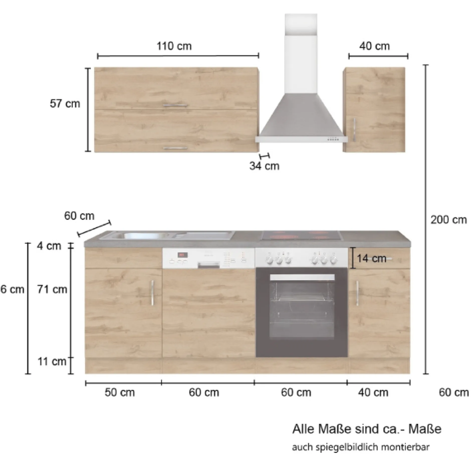 Küchenzeile Sorrella 210cm mit Geschirrspüler und Backofen - anthrazit/ocker