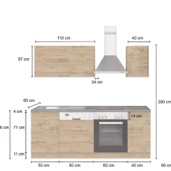 Küchenzeile Sorrella 210cm mit Geschirrspüler und Backofen - Eiche/Graphit