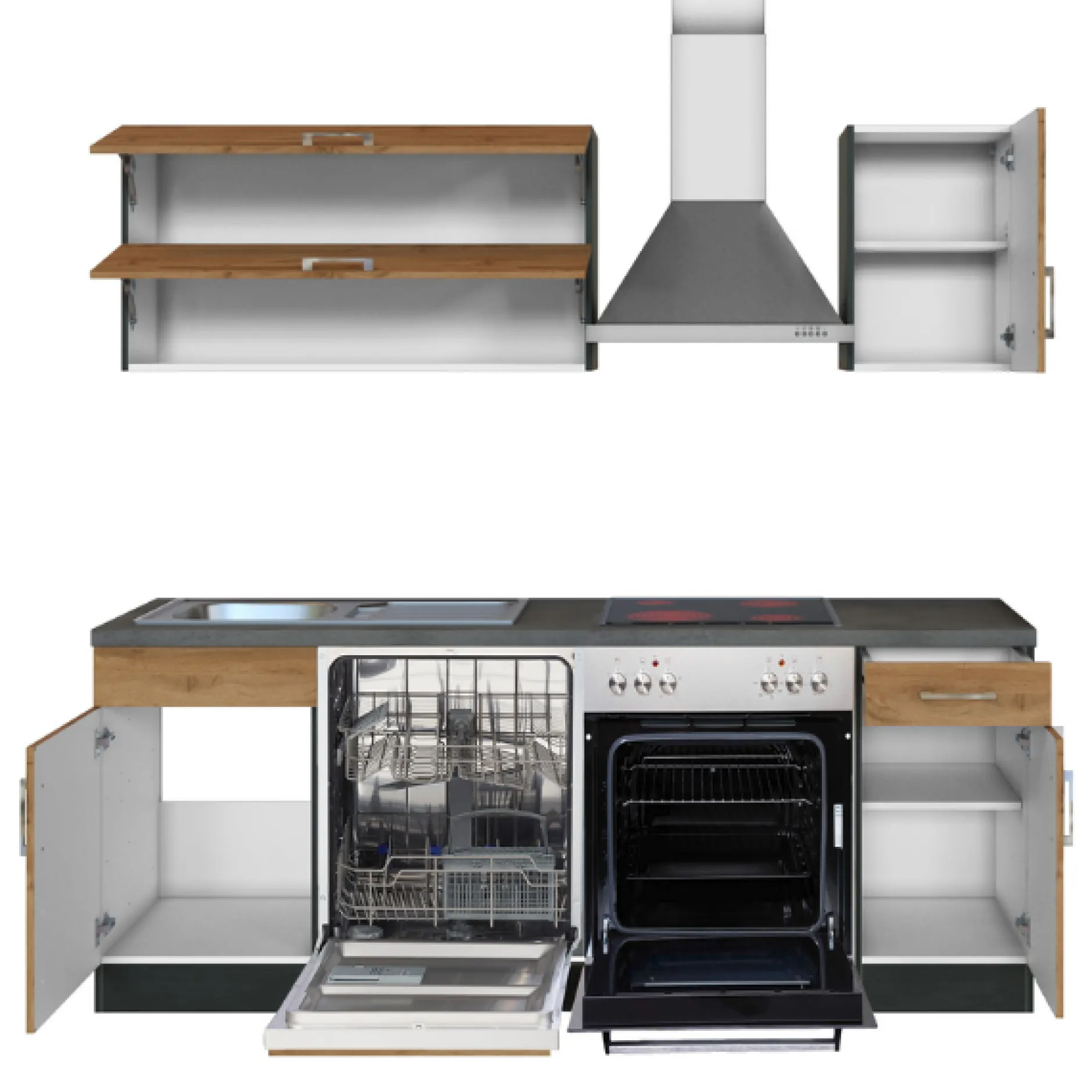 Küchenzeile Sorrella 210cm mit Geschirrspüler und Backofen - Eiche/Graphit