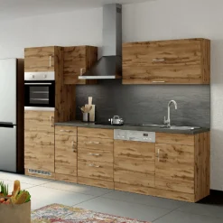 Küchenzeile Sorrella 270cm mit Geschirrspüler, Backofen und Kühlschrank - Eiche