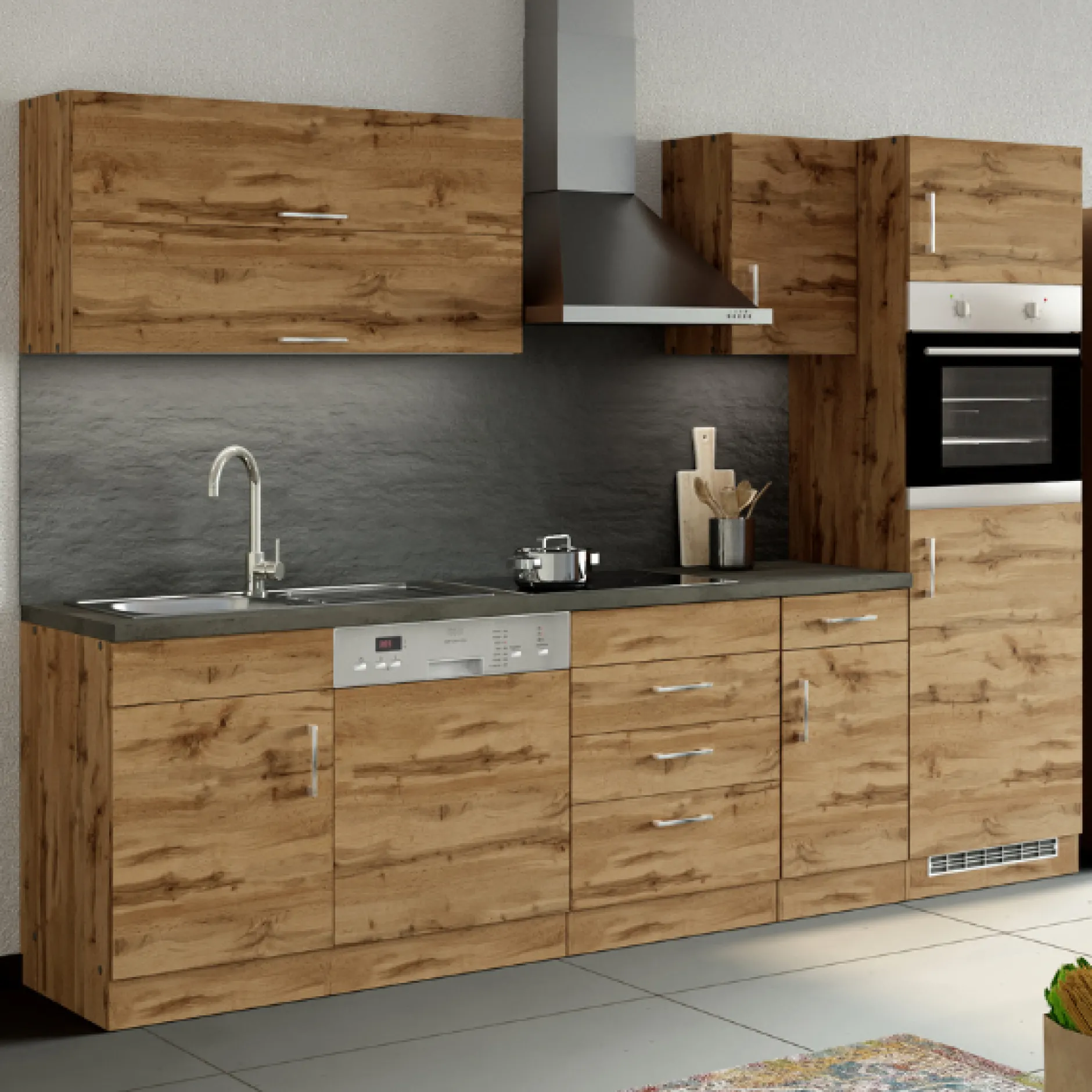 Küchenzeile Sorrella 270cm mit Geschirrspüler, Backofen und Kühlschrank - Eiche
