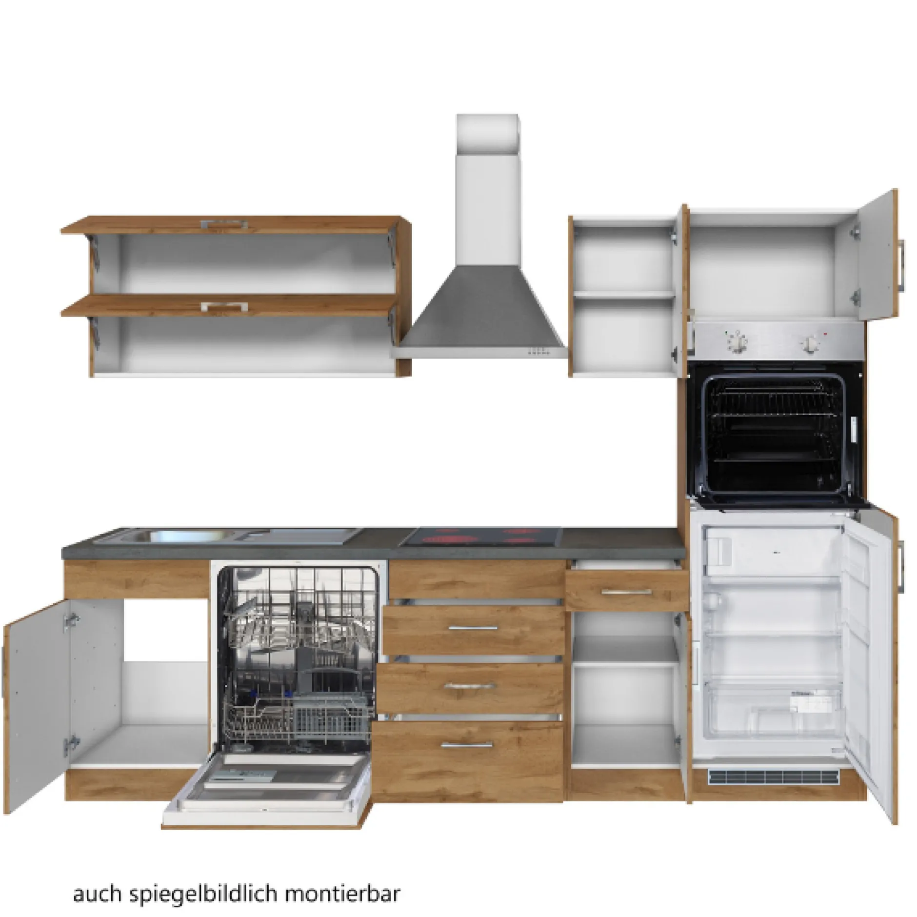 Küchenzeile Sorrella 270cm mit Geschirrspüler, Backofen und Kühlschrank - Eiche