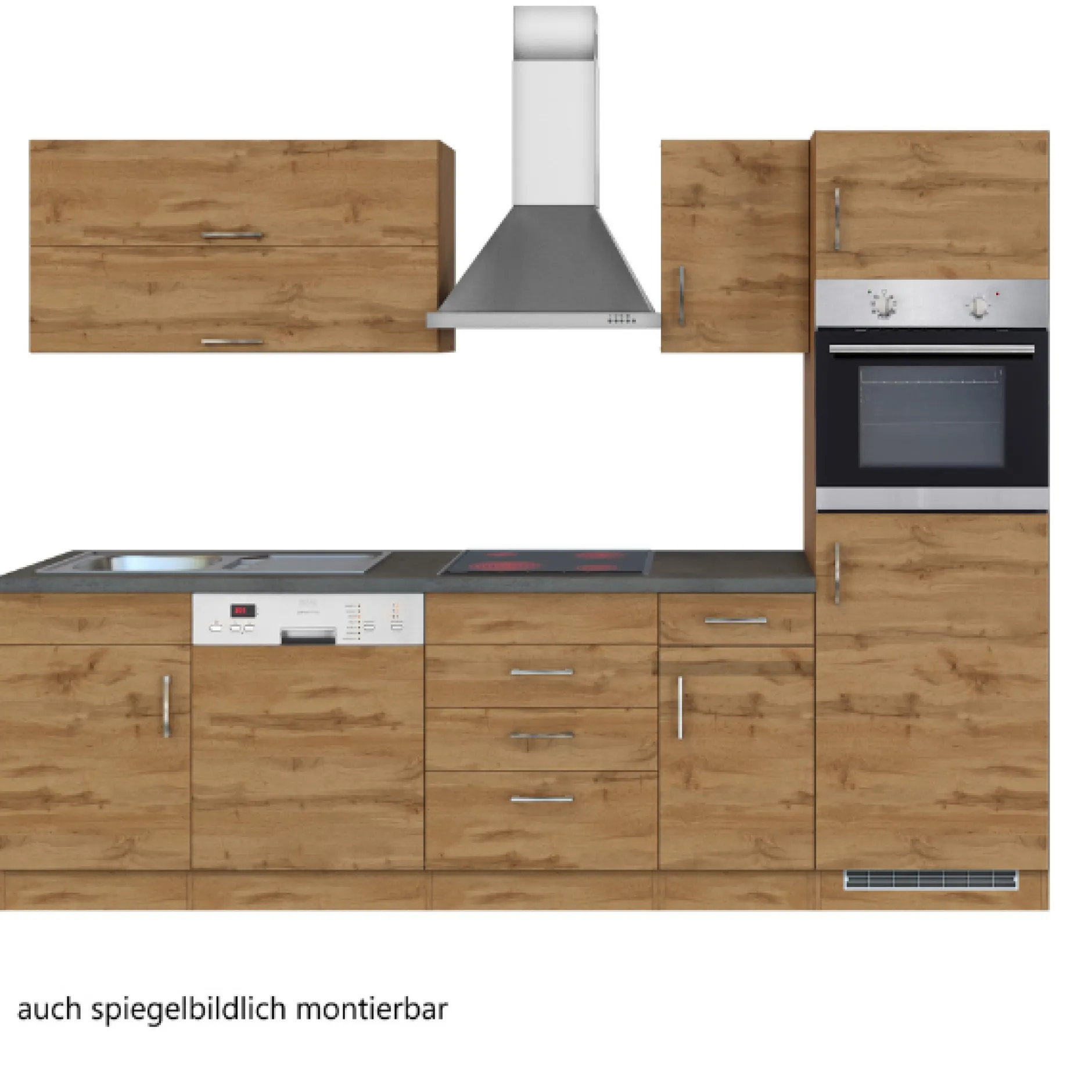 Küchenzeile Sorrella 270cm mit Geschirrspüler, Backofen und Kühlschrank - Eiche