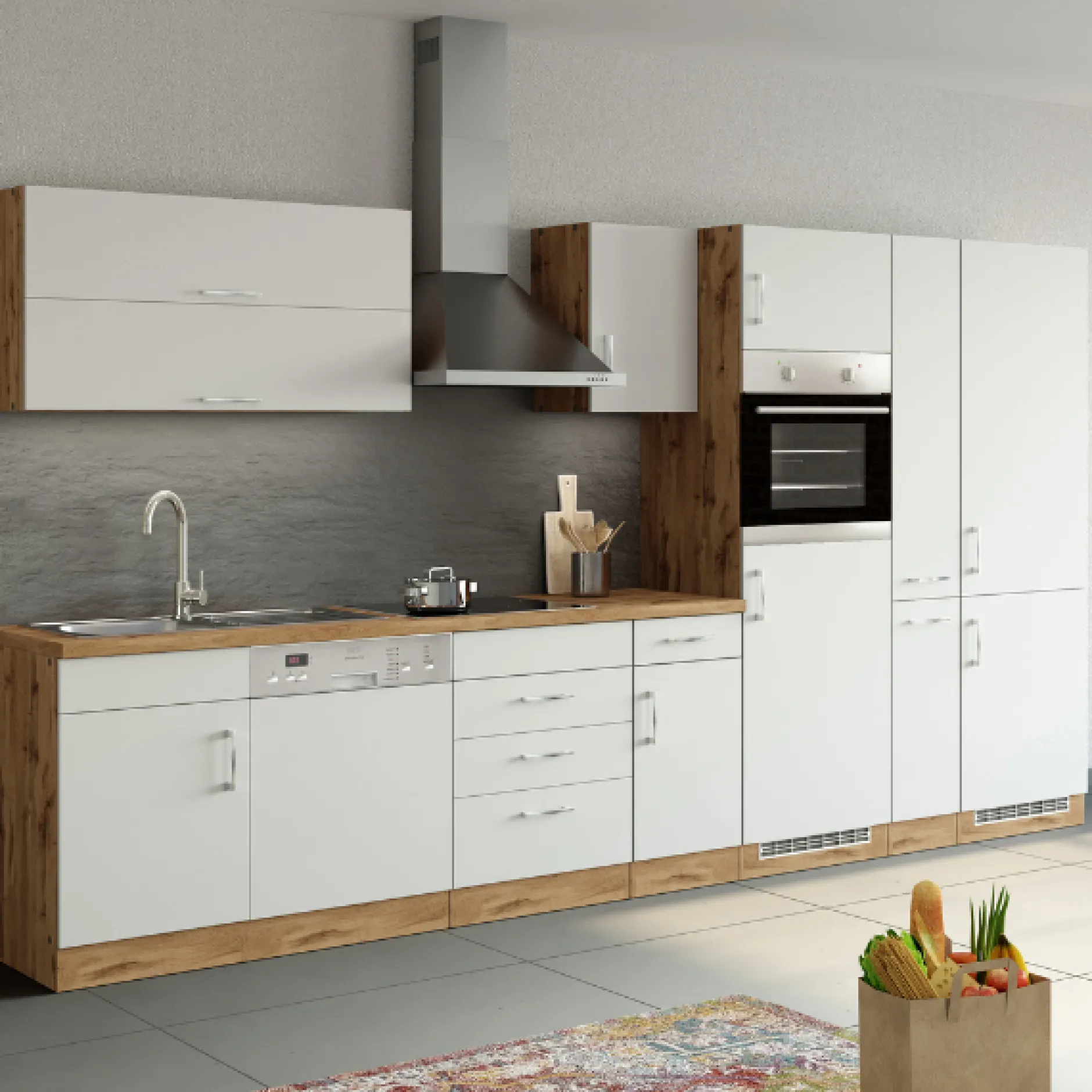Küchenzeile Sorrella 360cm mit Geschirrspüler, Backofen, Kühl- und Gefrierschrank - weiß/Eiche