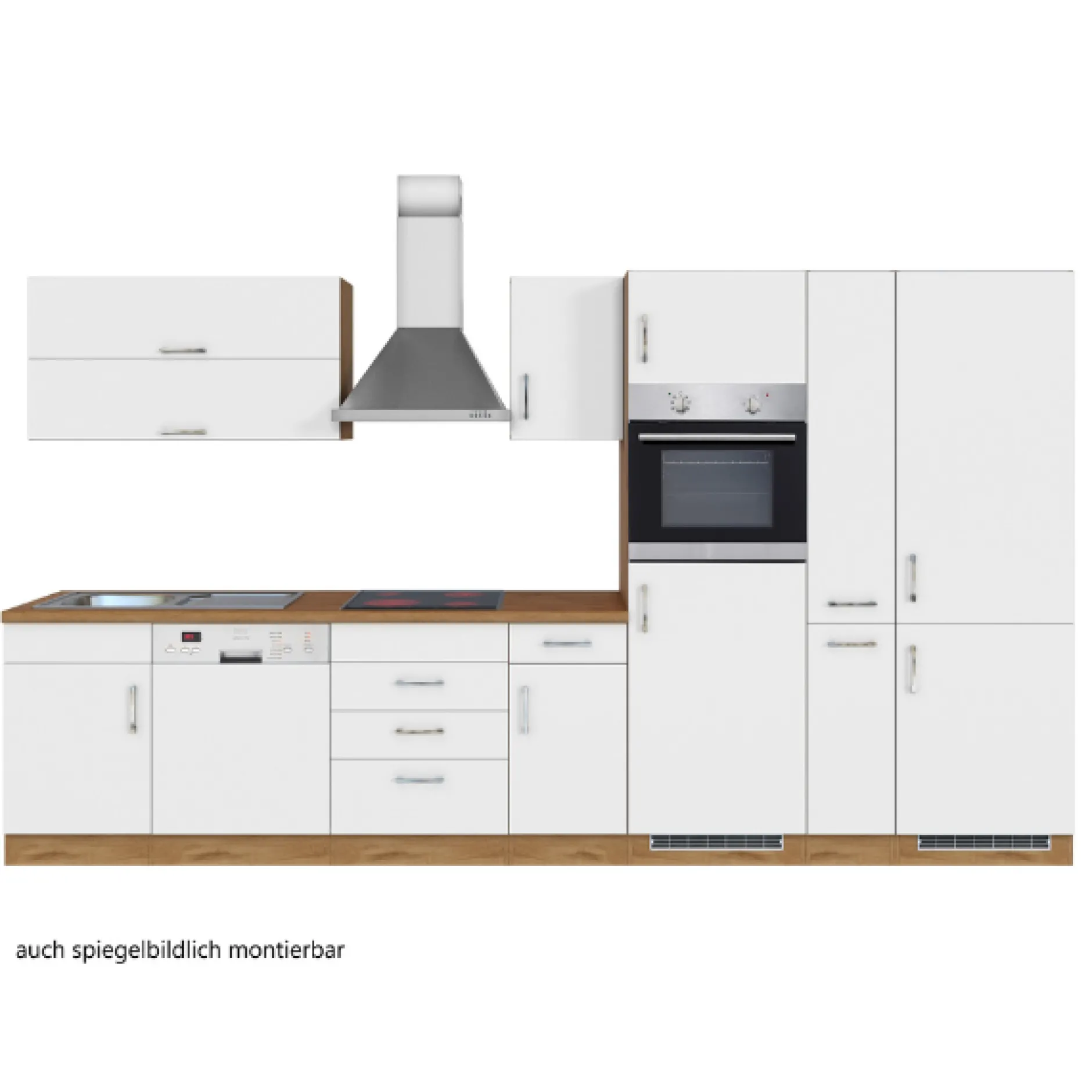 Küchenzeile Sorrella 360cm mit Geschirrspüler, Backofen, Kühl- und Gefrierschrank - weiß/Eiche