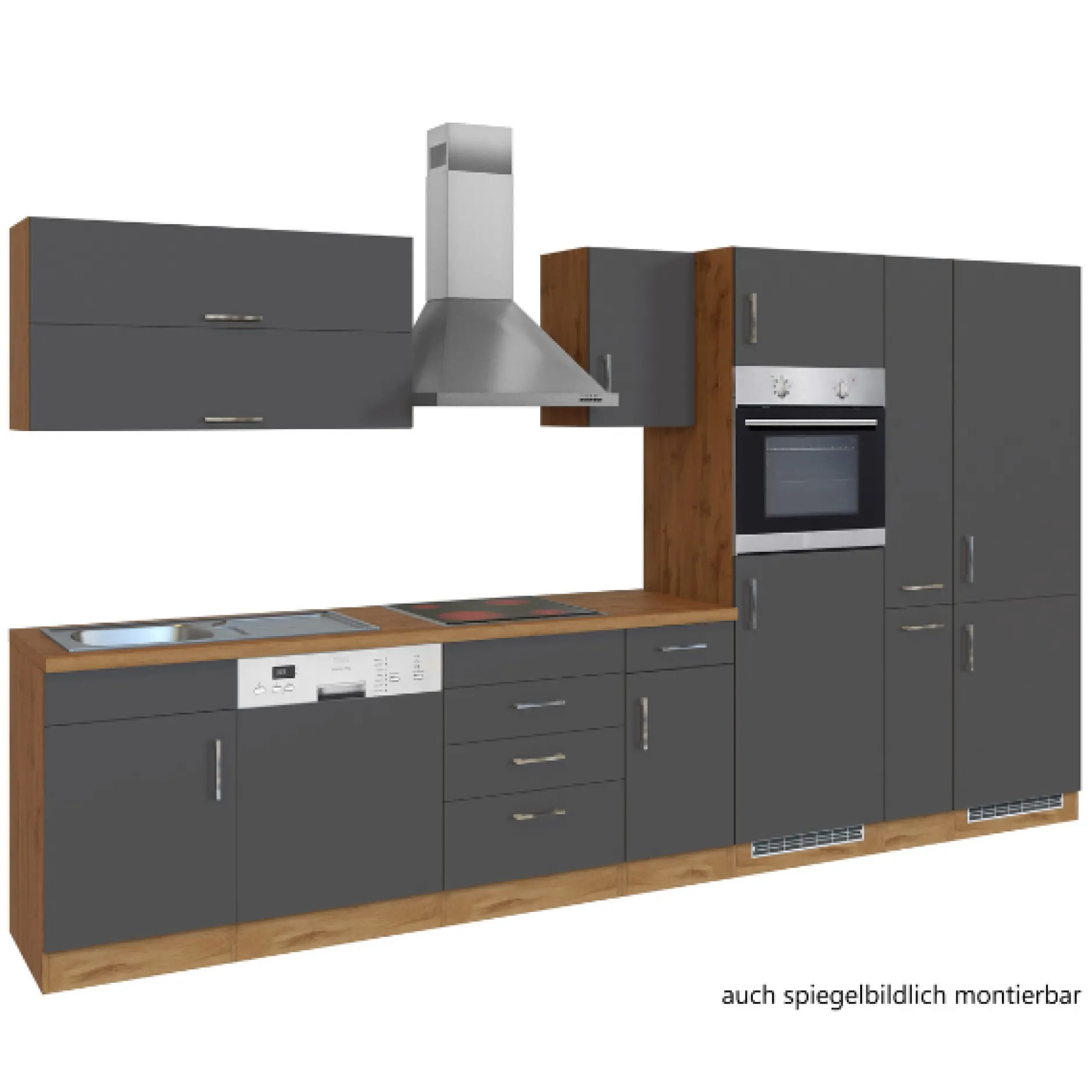 Küchenzeile Sorrella 360cm mit Geschirrspüler, Backofen, Kühlschrank und Gefrierschrank - Anthrazit/Eiche