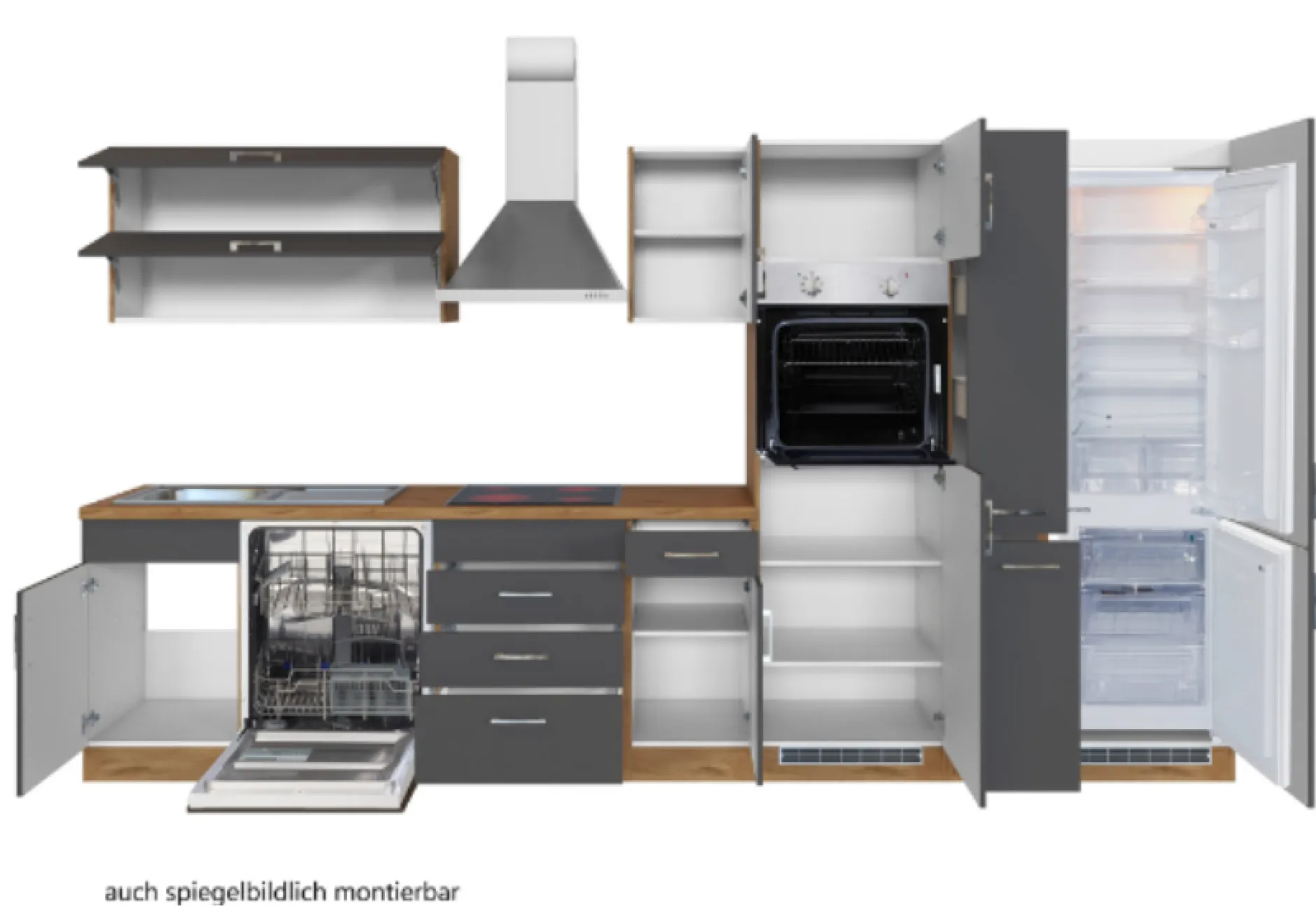Küchenzeile Sorrella 360cm mit Geschirrspüler, Backofen, Kühlschrank und Gefrierschrank - Anthrazit/Eiche