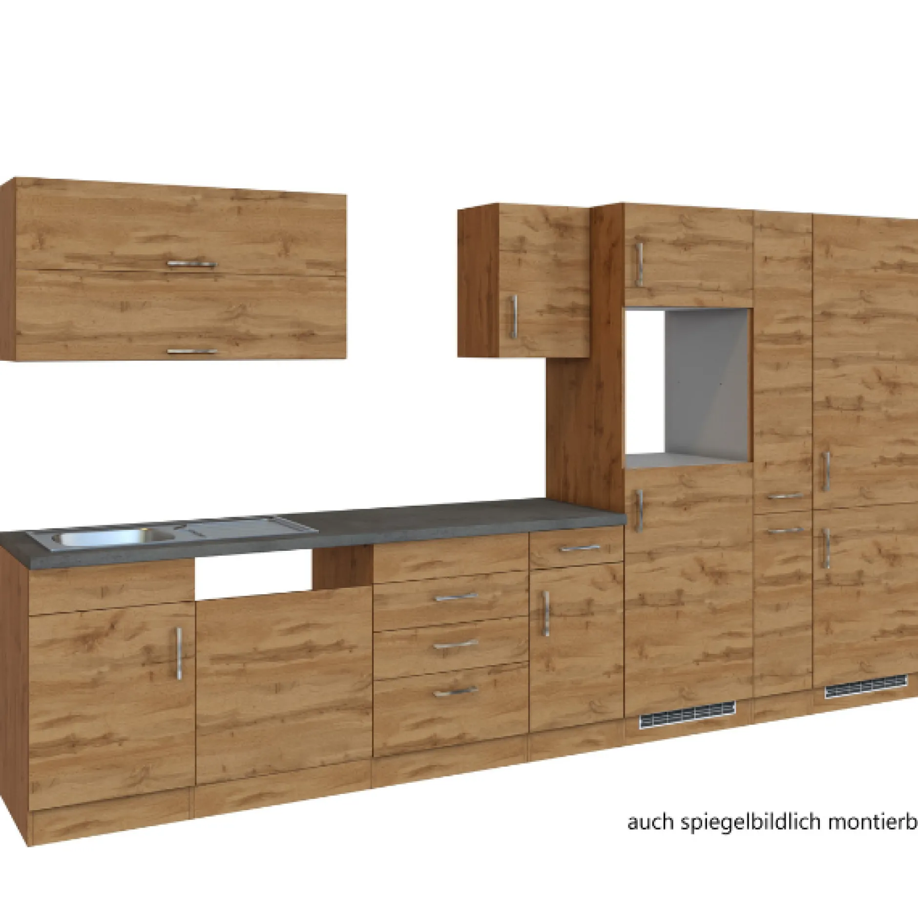 Küchenzeile Sorrella 360cm mit Geschirrspüler, Backofen, Kühl- und Gefrierschrank - Eiche