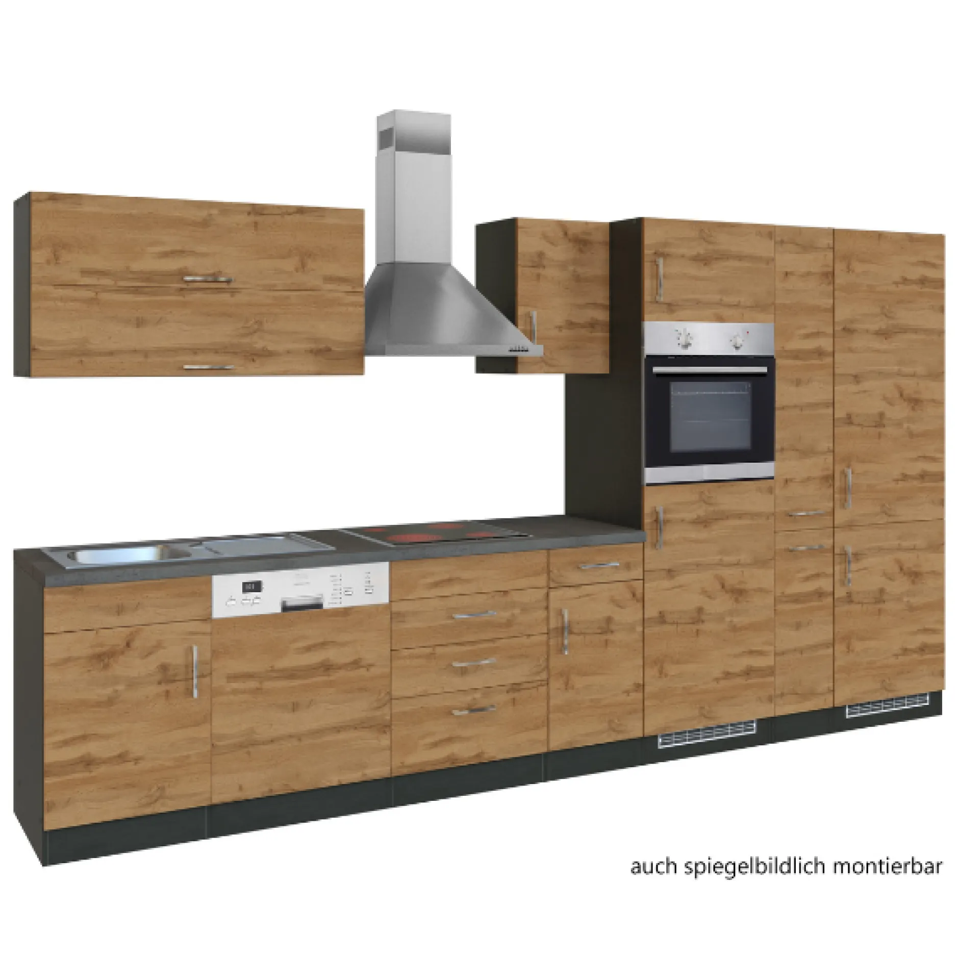 Küchenzeile Sorrella 360cm mit Geschirrspüler, Backofen, Kühl- und Gefrierschrank - Eiche/Graphit