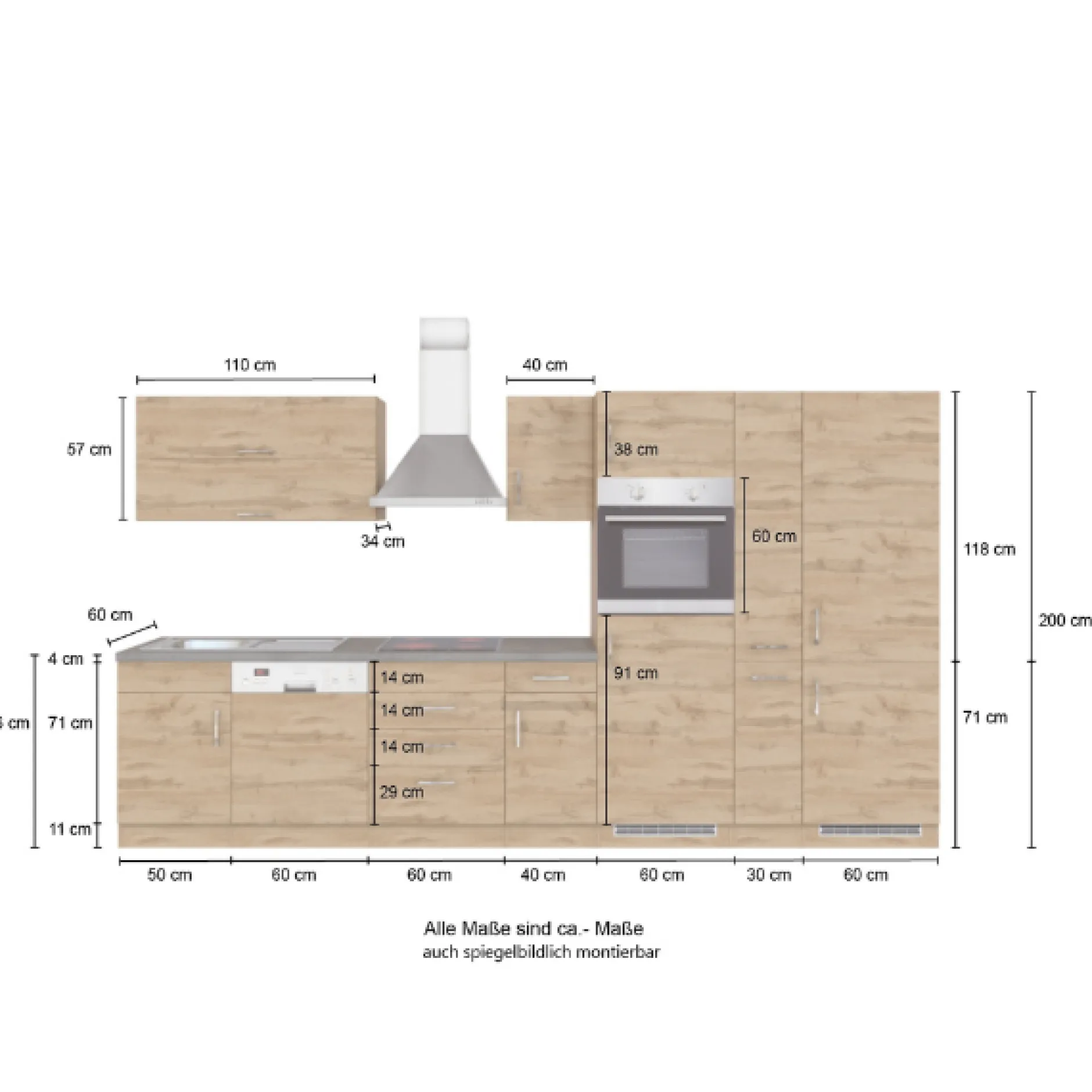 Küchenzeile Sorrella 360cm mit Geschirrspüler, Backofen, Kühl- und Gefrierschrank - Eiche/Graphit