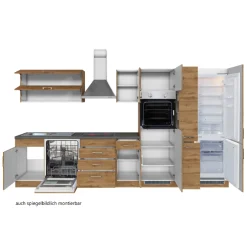 Küchenzeile Sorrella 360cm mit Geschirrspüler, Backofen, Kühl- und Gefrierschrank - Eiche/Graphit