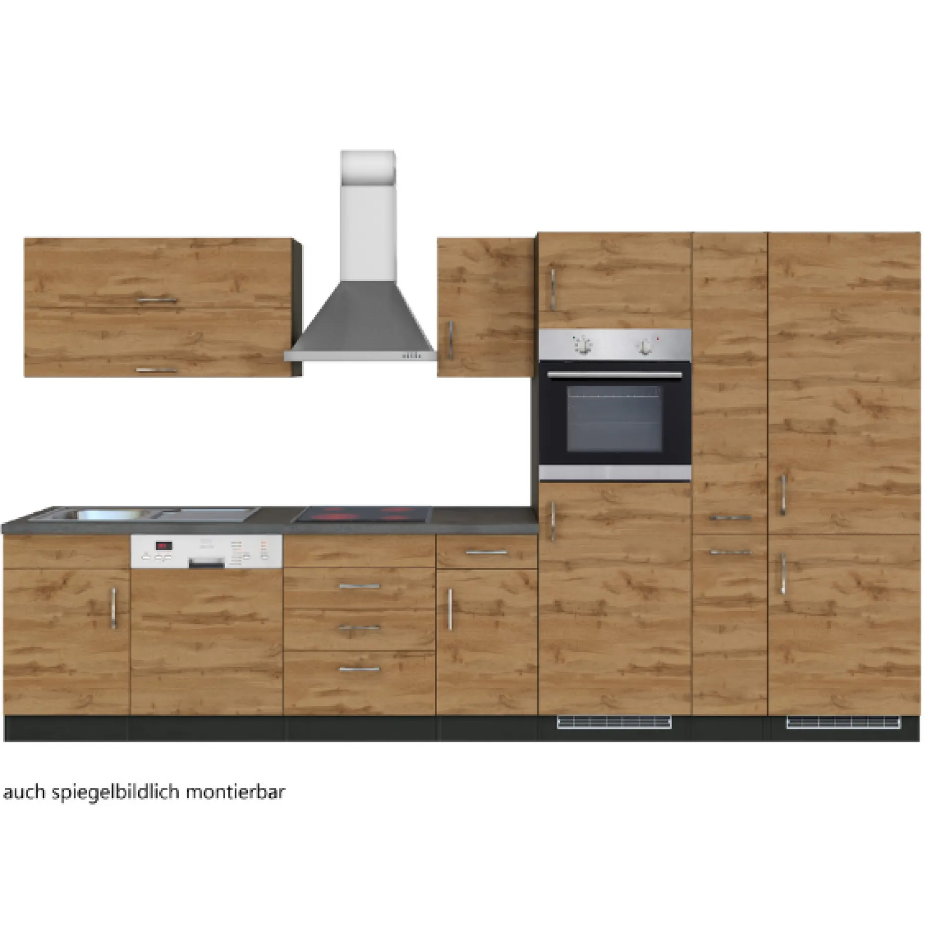 Küchenzeile Sorrella 360cm mit Geschirrspüler, Backofen, Kühl- und Gefrierschrank - Eiche/Graphit