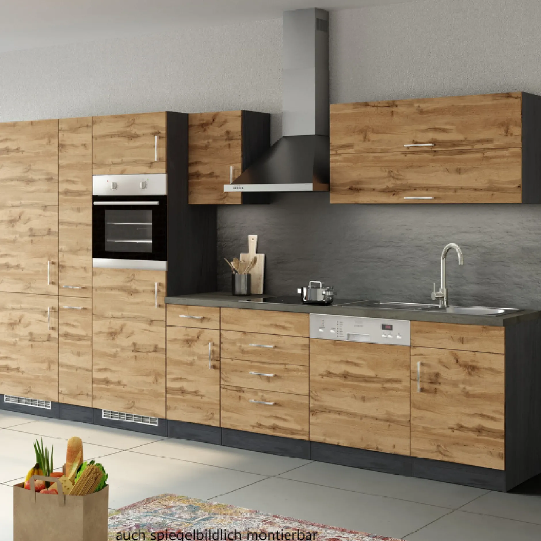 Küchenzeile Sorrella 360cm mit Geschirrspüler, Backofen, Kühl- und Gefrierschrank - Eiche/Graphit