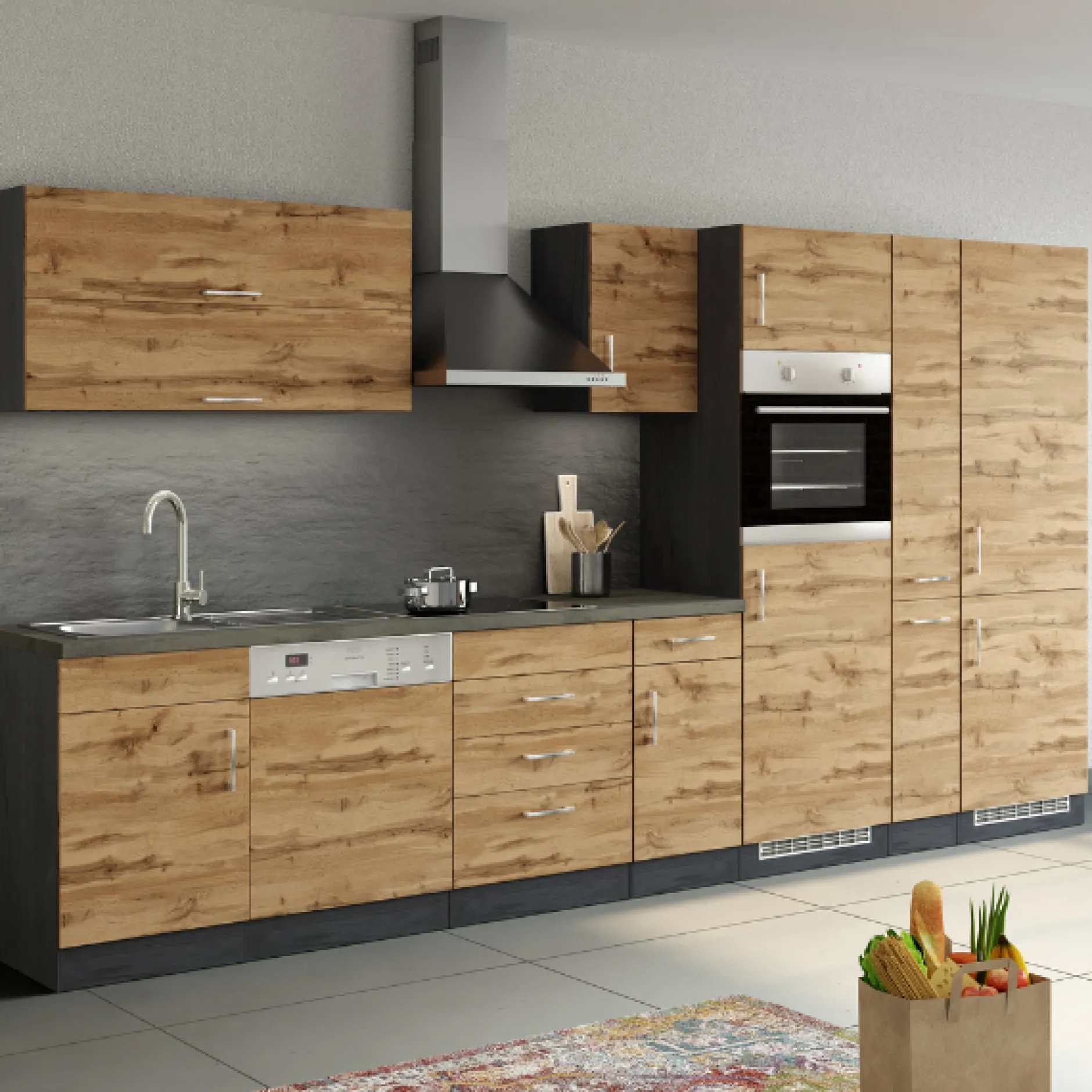 Küchenzeile Sorrella 360cm mit Geschirrspüler, Backofen, Kühl- und Gefrierschrank - Eiche/Graphit